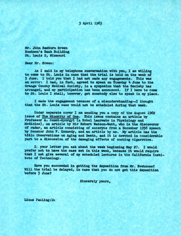 Letter from Linus Pauling to John Green. Page 1. April 3, 1963