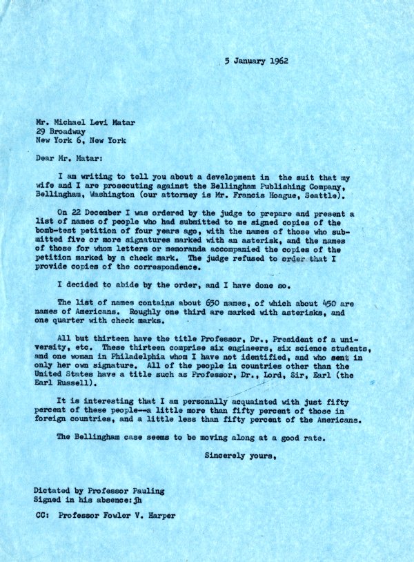 Letter from Linus Pauling to Michael Levi Matar. Page 1. January 5, 1962