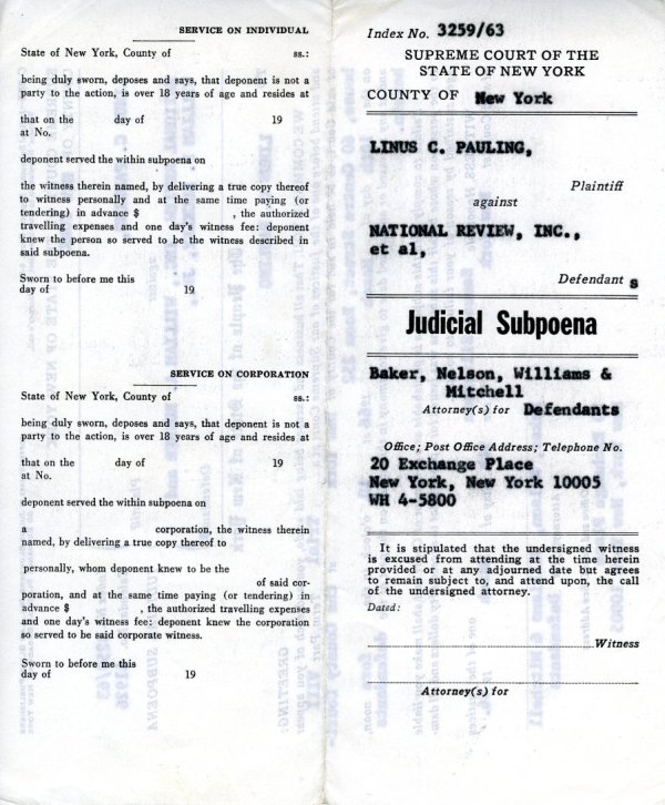 Judicial Subpoena: Linus C. Pauling vs. National Review, Inc., et al. Page 1. December 12, 1966