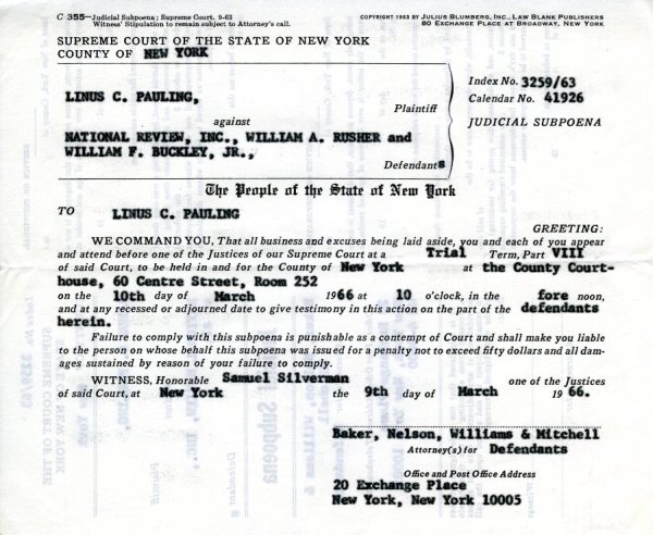Judicial Subpoena: Linus C. Pauling vs. National Review, Inc., et al. Page 2. December 12, 1966