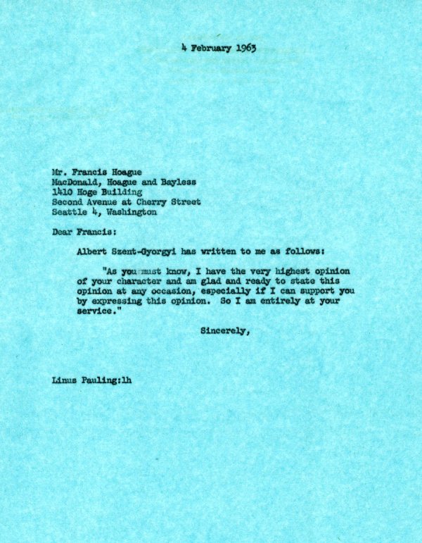 Letter from Linus Pauling to Franics Hoague. Page 1. February 4, 1963