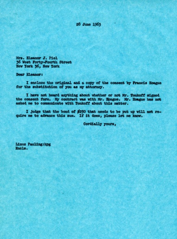 Letter from Linus Pauling to Eleanor J. Piel. Page 1. June 27, 1963