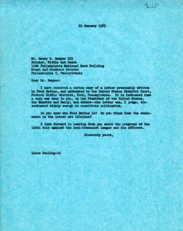 Letter from Linus Pauling to Henry W. Sawyer, III. Page 1. January 29, 1963