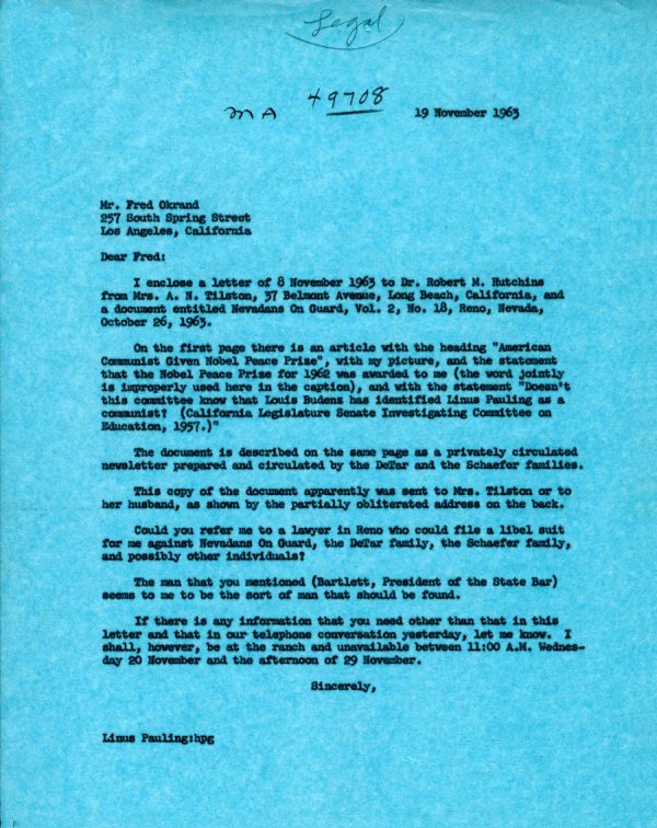 Letter from Linus Pauling to Fred Okrand. Page 1. November 19, 1963