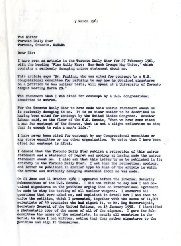 Letter from Linus Pauling to the Editor of the Toronto Daily Star. Page 1. March 7, 1961