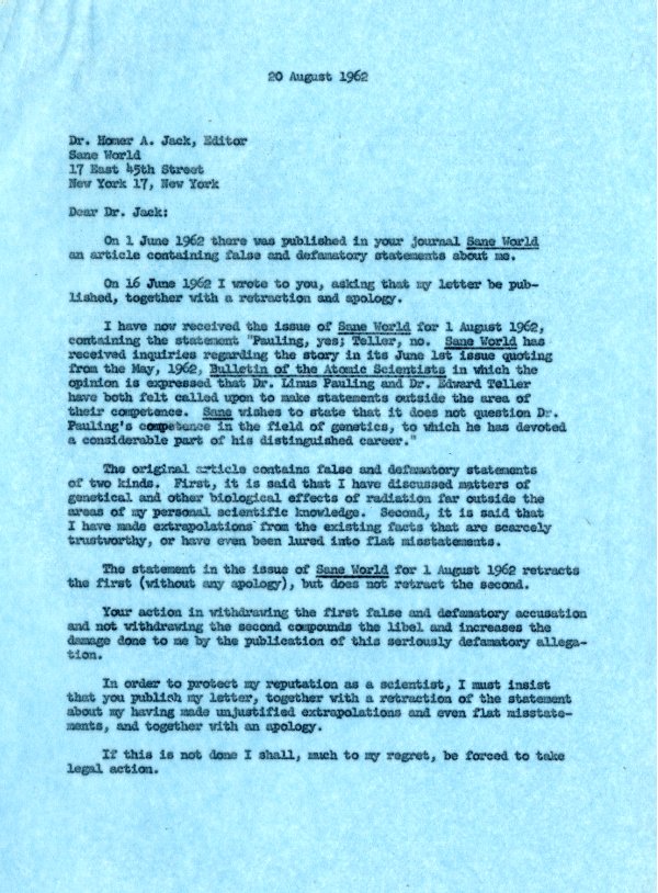 Letter from Linus Pauling to Homer Jack. Page 1. August 20, 1962