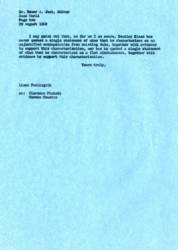 Letter from Linus Pauling to Homer Jack. Page 2. August 20, 1962