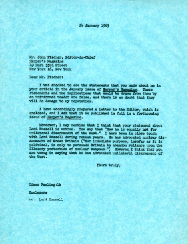 Letter from Linus Pauling to John Fischer. Page 1. January 24, 1963