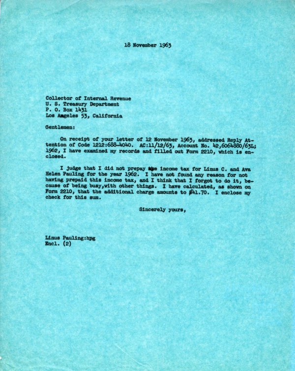 Letter from Linus Pauling to the Collector of Internal Revenue. Page 1. November 18, 1963