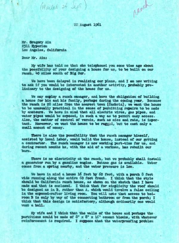 Letter from Linus Pauling to Gregory Ain. Page 1. August 22, 1961