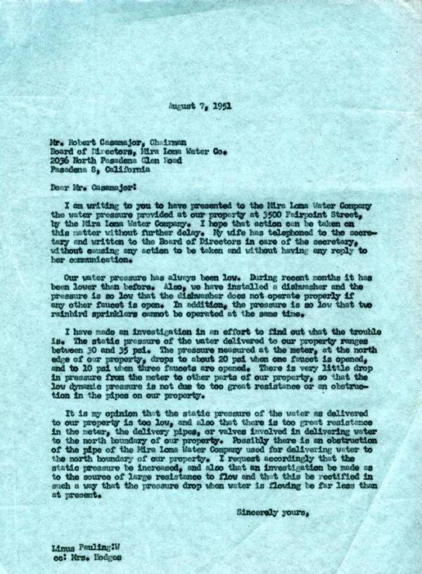 Letter from Linus Pauling to Robert Casamajor, Mira Loma Water Co. Page 1. September 7, 1951