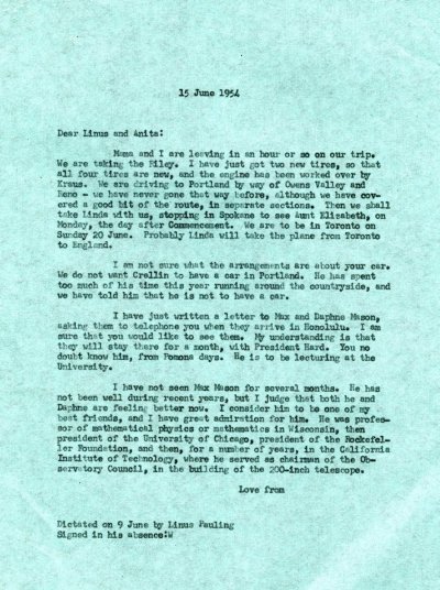 Letter from Linus Pauling to Linus Pauling, Jr. Page 1. June 15, 1954