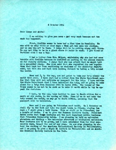 Letter from Linus Pauling to Linus Pauling, Jr. Page 1. October 8, 1954