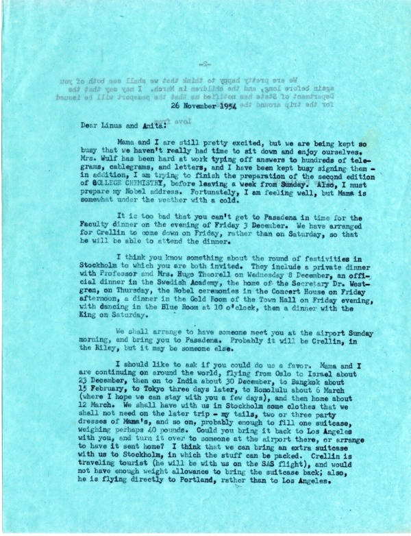 Letter from Linus Pauling to Linus Pauling, Jr. Page 1. November 26, 1954