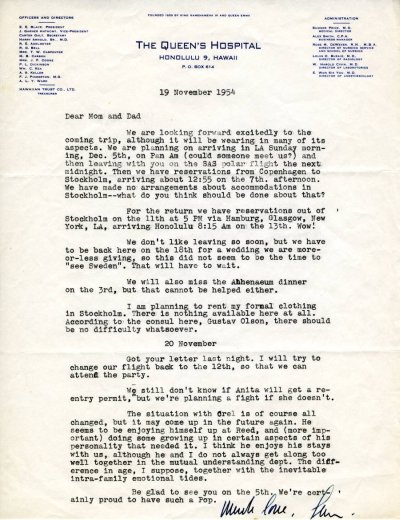 Letter from Linus Pauling, Jr. to Linus Pauling. Page 1. November 19, 1954