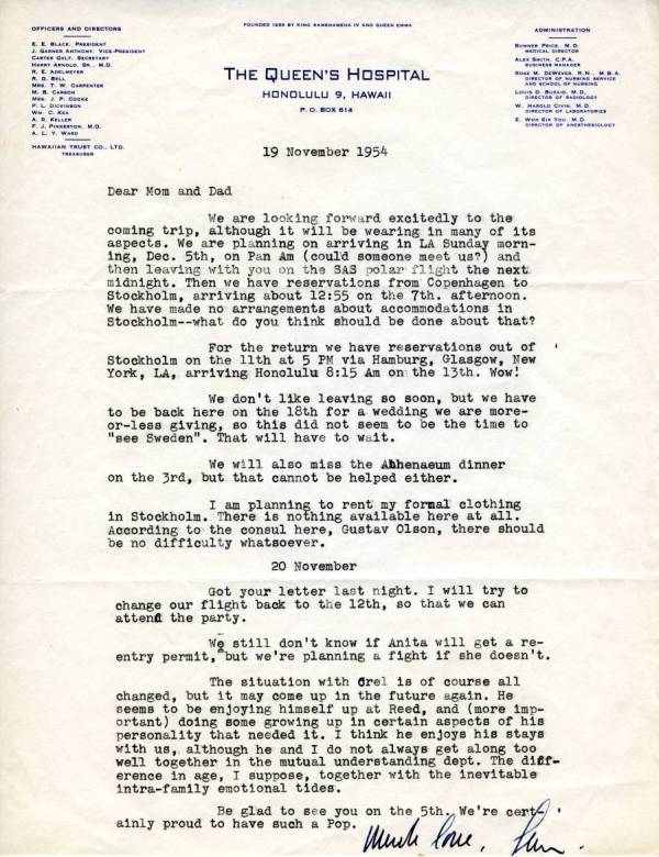 Letter from Linus Pauling, Jr. to Linus Pauling. Page 1. November 19, 1954