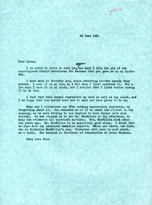 Letter from Linus Pauling to Linus Pauling, Jr. Page 1. June 26, 1961