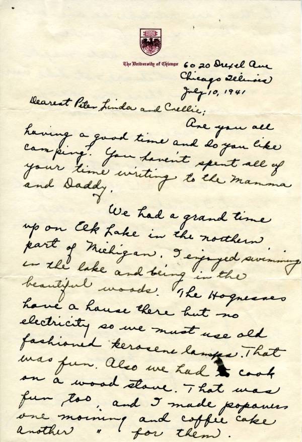 Letter from Ava Helen Pauling to Peter, Linda and Crellin Pauling. Page 1. July 10, 1941