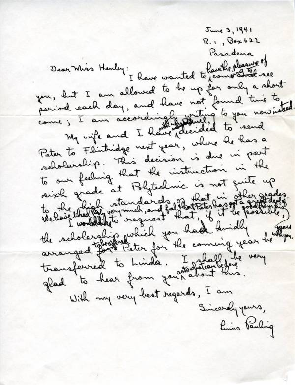 Letter from Linus Pauling to Grace Henley. Page 1. June 3, 1941