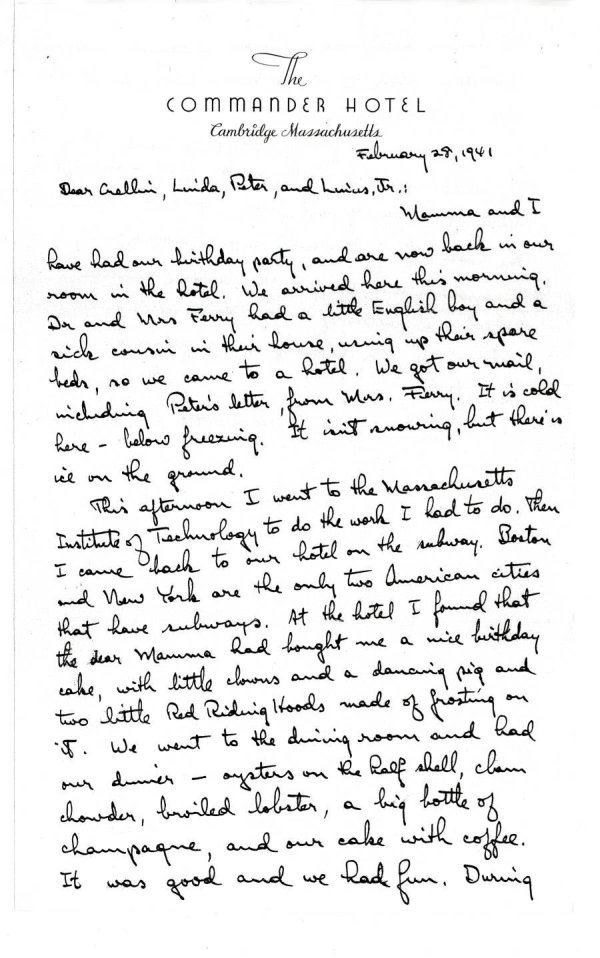 Letter from Linus Pauling to Linus, Jr., Peter, Linda and Crellin Pauling. Page 1. February 28, 1941