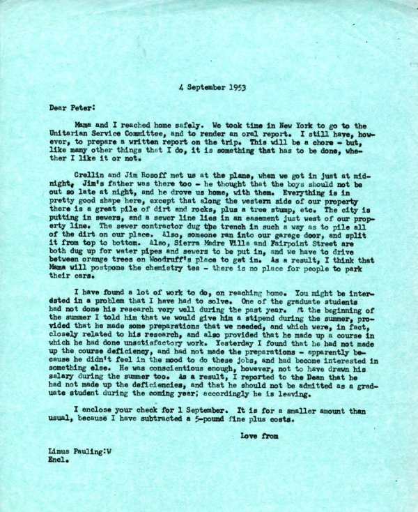 Letter from Linus Pauling to Peter Pauling. Page 1. September 4, 1953