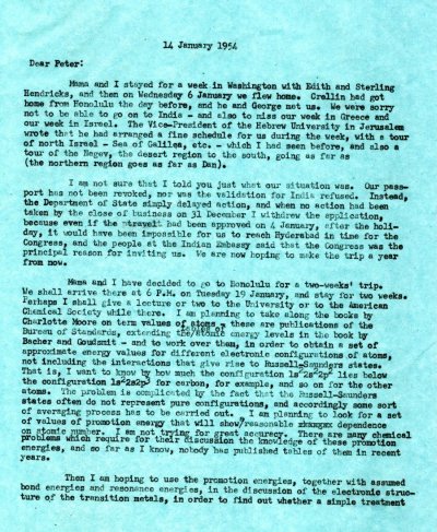 Letter from Linus Pauling to Peter Pauling. Page 1. January 14, 1954