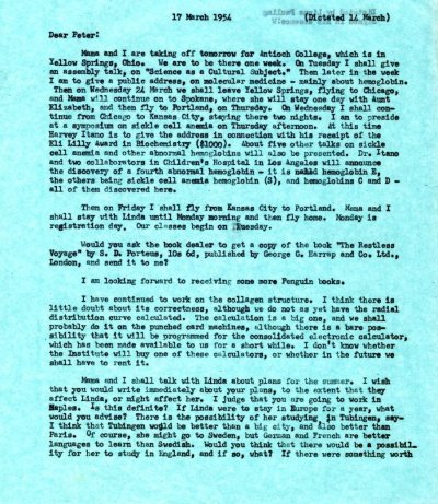 Letter from Linus Pauling to Peter Pauling. Page 1. March 17, 1954