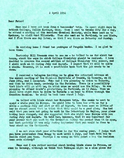 Letter from Linus Pauling to Peter Pauling. Page 1. April 2, 1954