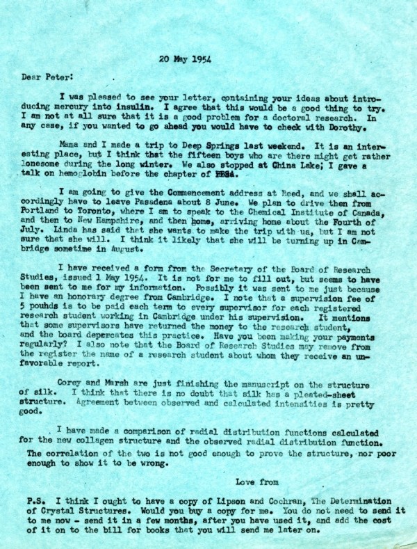 Letter from Linus Pauling to Peter Pauling. Page 1. May 20, 1954