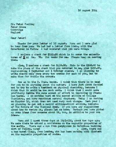 Letter from Linus Pauling to Peter Pauling. Page 1. August 18, 1954