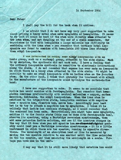Letter from Linus Pauling to Peter Pauling. Page 1. September 14, 1954