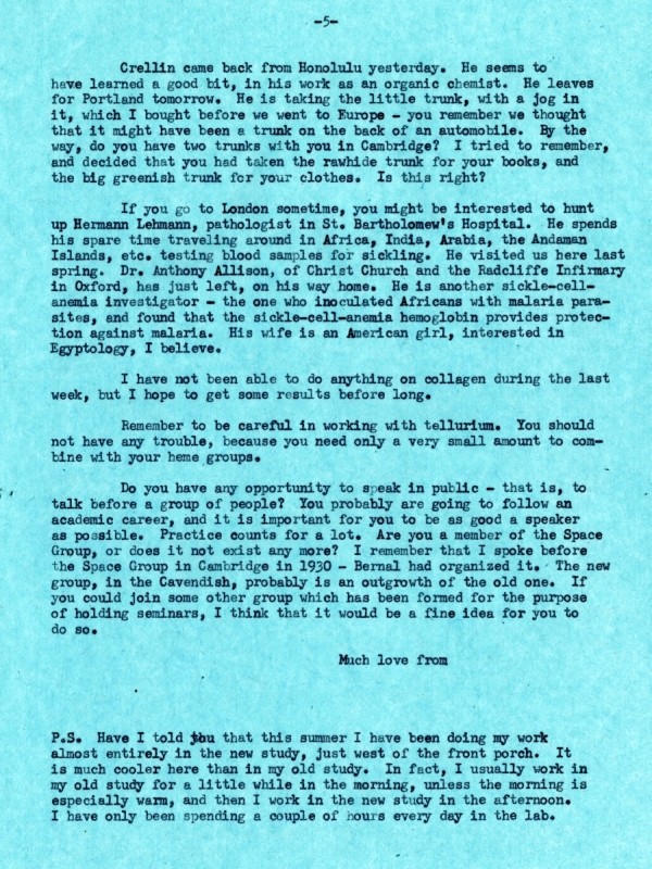 Letter from Linus Pauling to Peter Pauling. Page 5. September 14, 1954