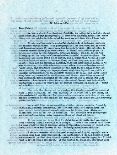 Letter from Linus Pauling to Peter Pauling. Page 1. October 12, 1954