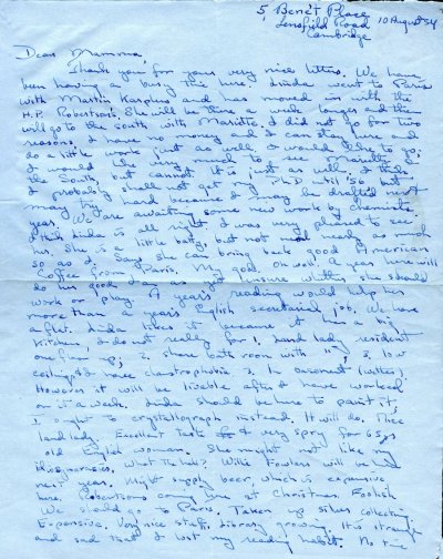 Letter from Peter Pauling to Ava Helen Pauling. Page 1. August 10, 1954