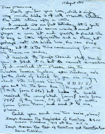 Letter from Peter Pauling to Ava Helen Pauling. Page 1. August 17, 1954