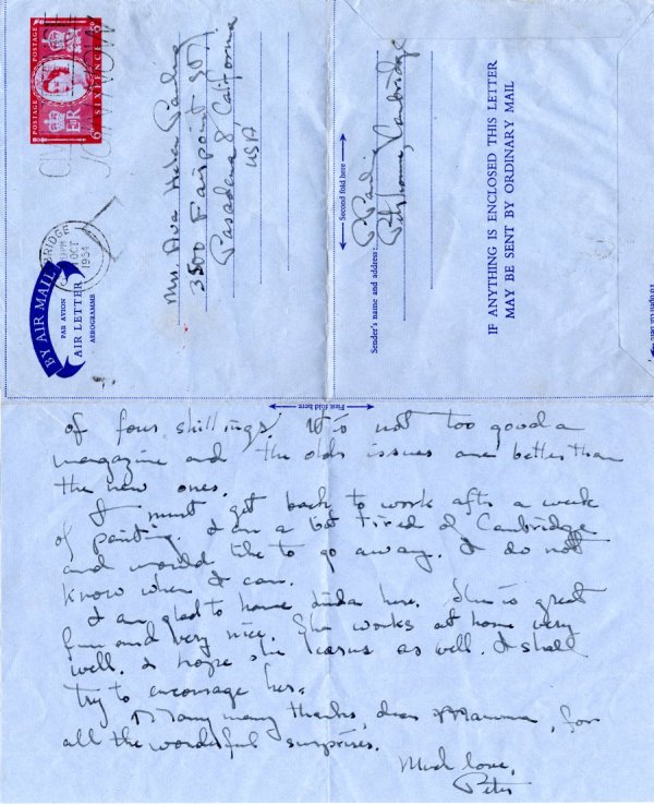 Letter from Peter Pauling to Ava Helen Pauling. Page 2. October 9, 1954