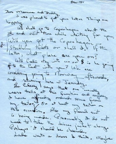 Letter from Peter Pauling to Ava Helen Pauling. Page 1. November 8, 1954