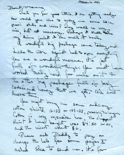 Letter from Peter Pauling to Ava Helen Pauling. Page 1. November 24, 1954