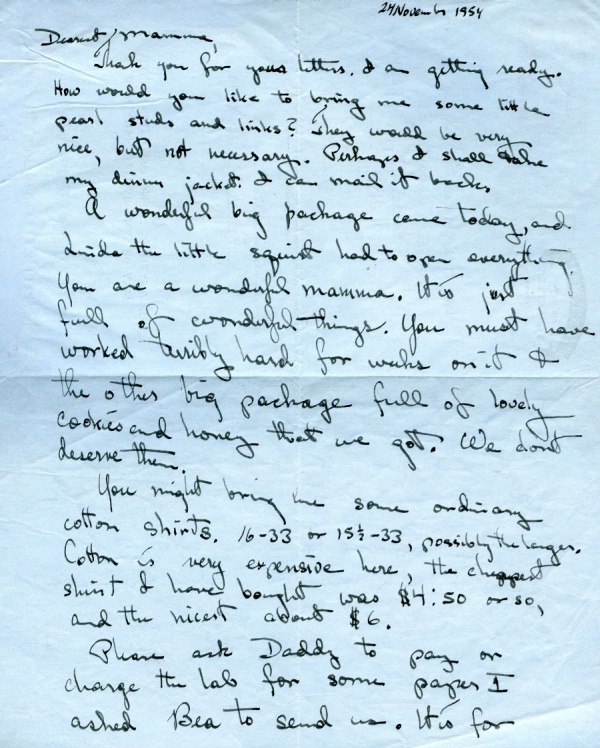 Letter from Peter Pauling to Ava Helen Pauling. Page 1. November 24, 1954