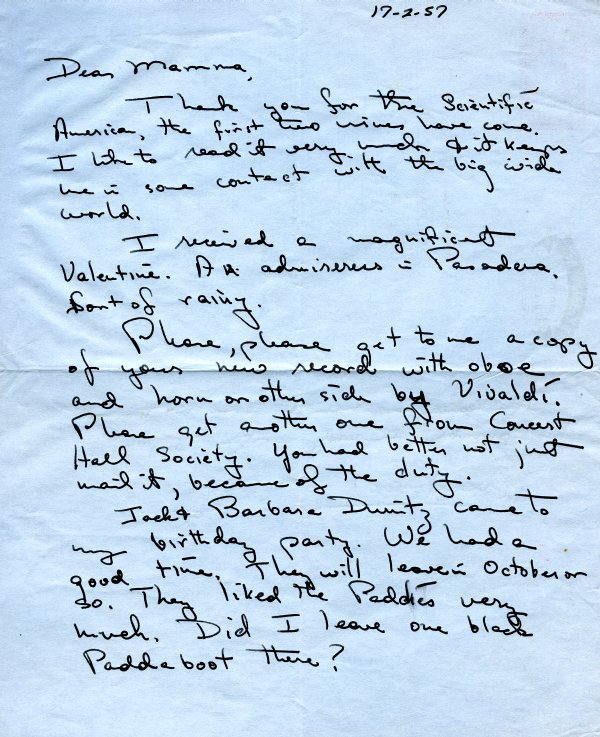 Letter from Peter Pauling to Ava Helen Pauling. Page 1. February 17, 1957