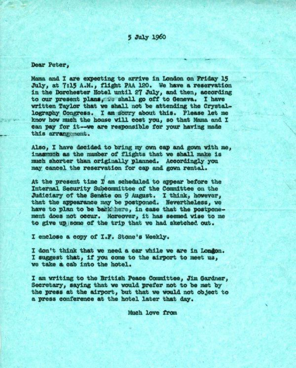 Letter from Linus Pauling to Peter Pauling. Page 1. July 5, 1960