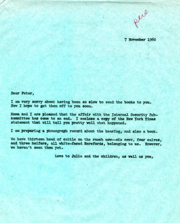 Letter from Linus Pauling to Peter Pauling. Page 1. November 7, 1960