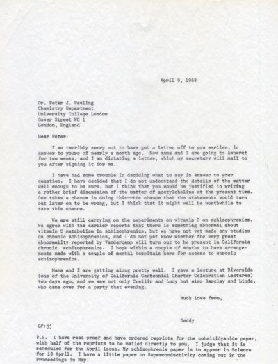 Letter from Linus Pauling to Peter Pauling. Page 1. April 9, 1968