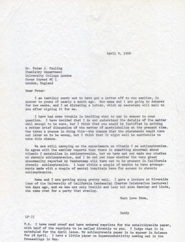 Letter from Linus Pauling to Peter Pauling. Page 1. April 9, 1968