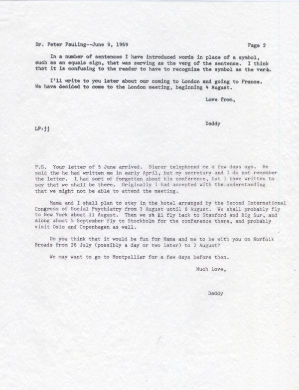Letter from Linus Pauling to Peter Pauling. Page 2. June 9, 1969