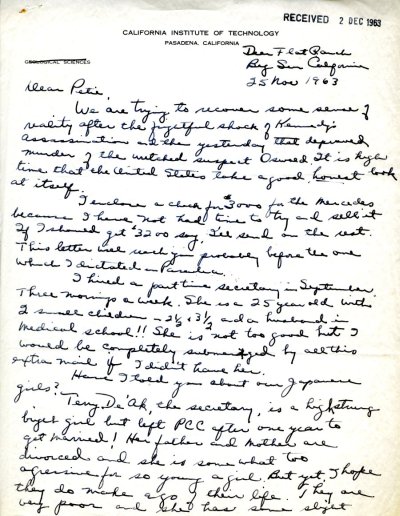 Letter from Ava Helen Pauling to Peter Pauling. Page 1. November 25, 1963