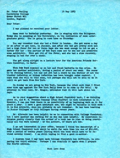 Letter from Linus Pauling to Peter Pauling. Page 1. May 14, 1963