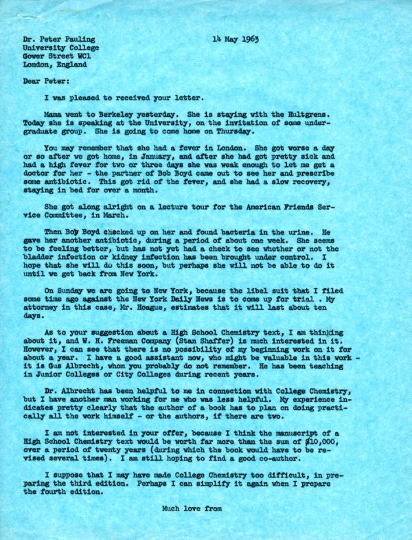 Letter from Linus Pauling to Peter Pauling. Page 1. May 14, 1963