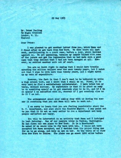 Letter from Linus Pauling to Peter Pauling. Page 1. May 29, 1963