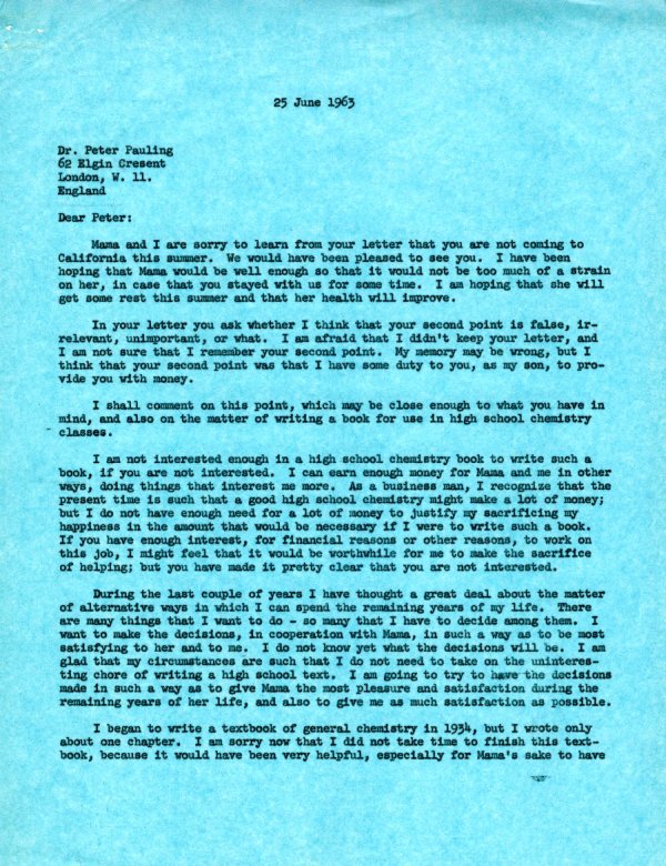 Letter from Linus Pauling to Peter Pauling. Page 1. June 25, 1963